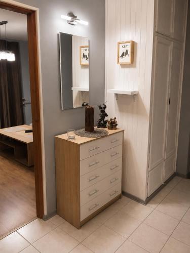 a bathroom with a dresser and a mirror at Mieszkanie Warka in Warka