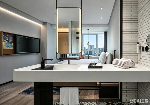 a bathroom with a white sink and a large mirror at Ningbo Wanda Moments Hotel in Ningbo