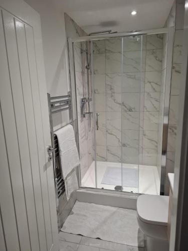 a bathroom with a shower and a toilet at Sleeps2-CentralLocation-FamilyFriendly-NewRefurb in Retford