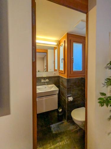 a bathroom with a sink and a toilet at PlanB Stay in Silvaplana