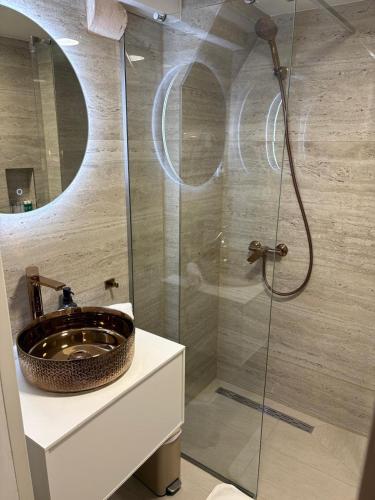 a bathroom with a sink and a glass shower at StonSoldo Rooms in Ston