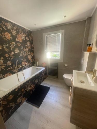 a bathroom with a tub and a toilet and a sink at La Bernarde in Tourrettes