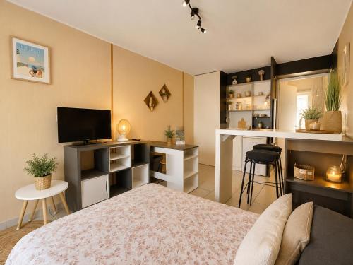 a bedroom with a bed and a desk with a television at Appartement entier en centre-ville avec terrasse in La Rochelle