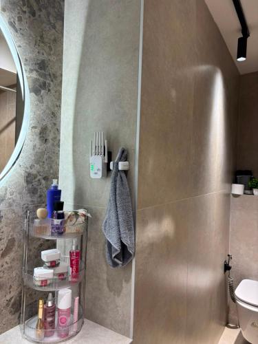 a bathroom with a shower with a metal wall at Viola Studio Apartman in Bar