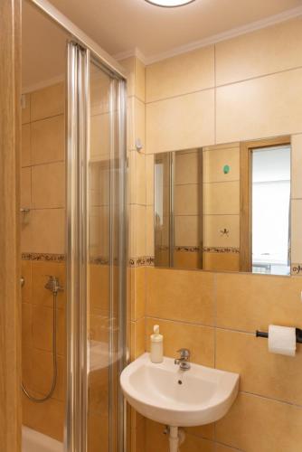 a bathroom with a sink and a shower at Willa Mak in Krynica Zdrój