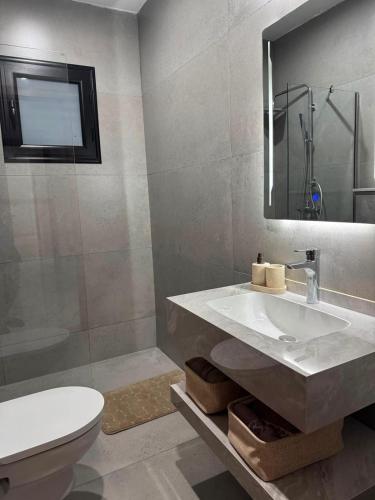 a bathroom with a sink and a toilet and a mirror at Villa Tanit in Taguermess