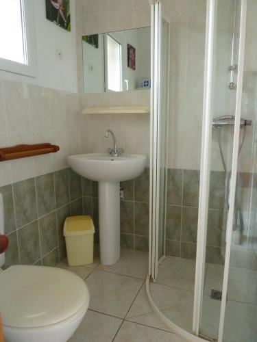 une salle de bain avec toilettes, lavabo et douche dans l'établissement Le gite de Cristal proche Bugarach, à Granès