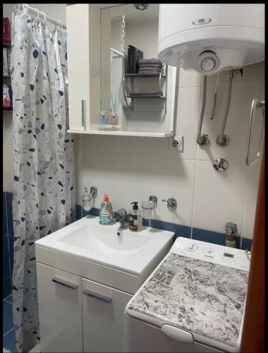 a bathroom with a sink and a shower curtain at Apartman Ika in Belgrade
