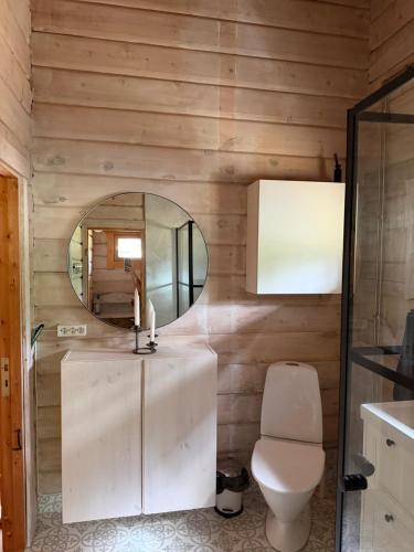 a bathroom with a toilet and a mirror at Yngsjö in Yngsjö