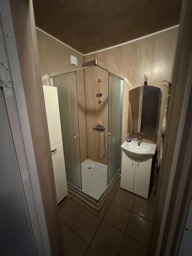 a bathroom with a shower and a toilet and a sink at Sunset Stay in Kolka in Kolka