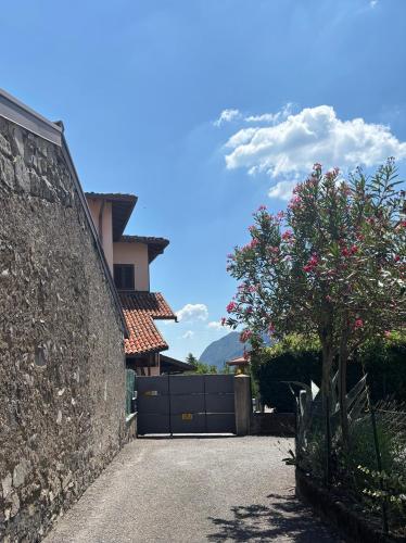 a house with a black gate and a tree at Oasi Lake Iseo in Solto Collina