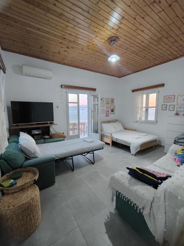 a living room with two couches and a flat screen tv at "Villa Kanella"Sea View Hydra Kamini malouholidays in Hydra