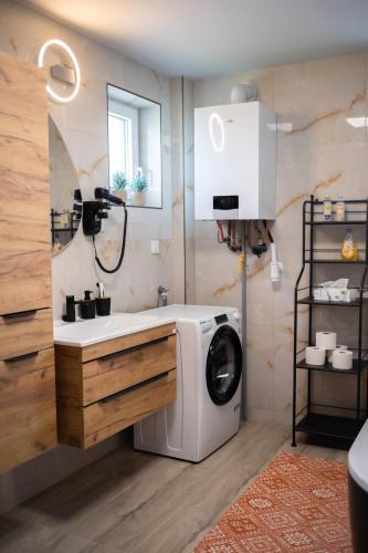 a bathroom with a washing machine and a sink at Apartman NOA in Novska