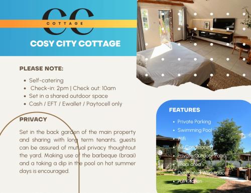 a flyer for a cost effective crosley city cottage at Cosy City Cottage in Gaborone