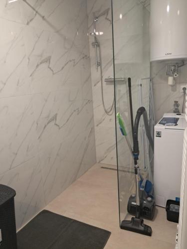 a shower stall with a vacuum in a bathroom at Self Check-in Apartment DLT - Free Parking in Sankt Marein im Mürztal