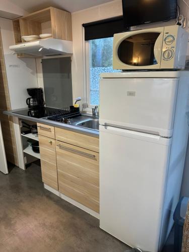 a kitchen with a microwave on top of a refrigerator at camping les dolmens in Méjannes-le-Clap