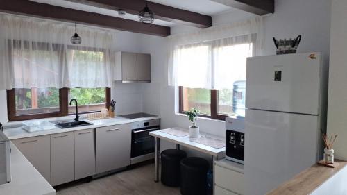 a kitchen with white cabinets and a white refrigerator at Cabana Teo in Valea Ierii