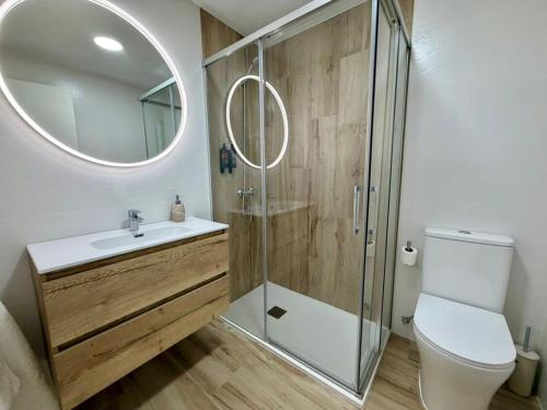 a bathroom with a toilet and a sink and a mirror at Apartamentos TORRE DE LARA in Molina de Aragón