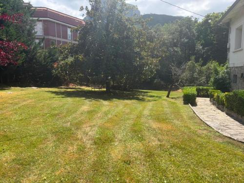 a yard with a tree and a building at Casa con bosque en Cantabria in Ramales de la Victoria