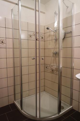 a shower with glass doors in a bathroom at Landhaus Ingrid in Loich