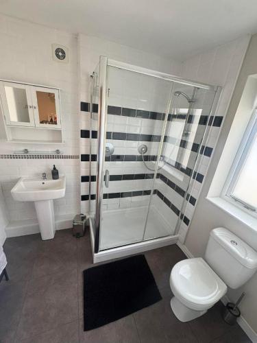 ein Badezimmer mit Dusche, Toilette und Waschbecken in der Unterkunft Acklington 2 bedroom property in Menheniot