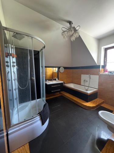 a bathroom with a shower and a tub and a sink at Guesthouse Sauna Jacuzzi Free parking in Dobrzewino