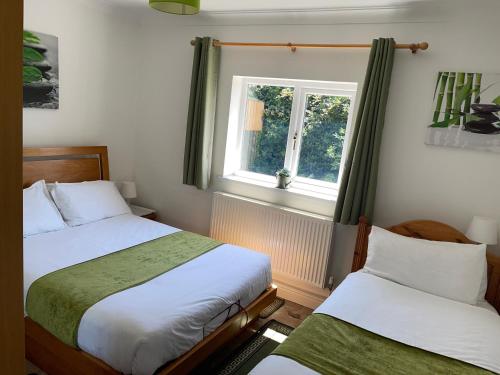 a bedroom with two beds and a window at Blackthorn Meadow in Pontypool