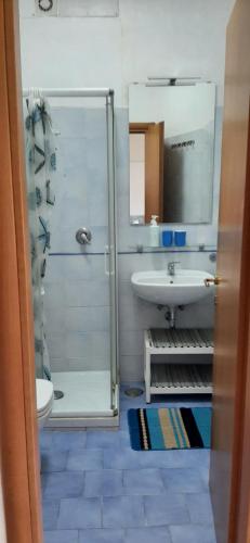 a bathroom with a shower and a sink and a toilet at Casa Rosa appartamento con giardino in Cetara