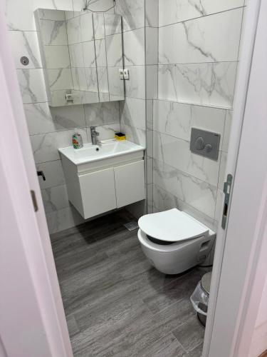 a bathroom with a white toilet and a sink at Modi Living Apartment in Skopje