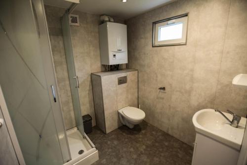 a small bathroom with a toilet and a sink at De Tien Heugten in Schoonloo