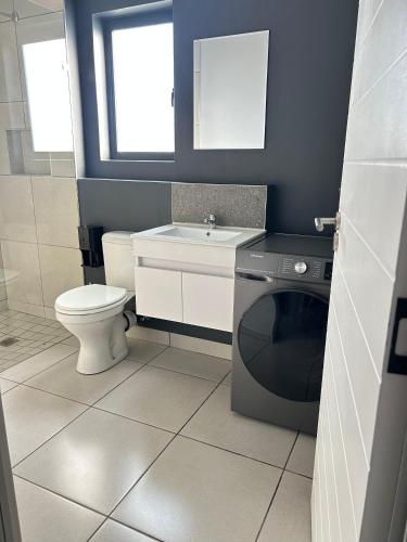 a bathroom with a toilet sink and a washing machine at 166 Green valley in Boschrand