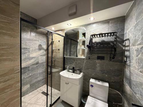 a bathroom with a shower and a toilet and a sink at ADAM Hostel Krāslava in Krāslava