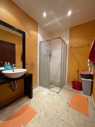 a bathroom with a shower and a sink at Апартамент София in Golden Sands