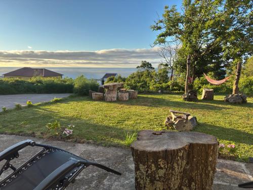 a yard with a tree stump and a fire place at Biscoitos Top View in Biscoitos