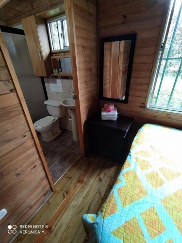 a bathroom with a toilet and a sink in a cabin at La Cabaña de Chia in Guarne