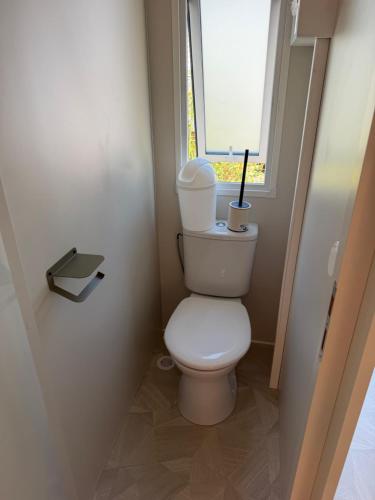 a bathroom with a toilet with a window at Bahia 2 in Le Faulq