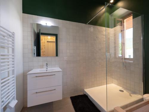 a bathroom with a shower and a sink and a mirror at maison savoyarde in Doussard