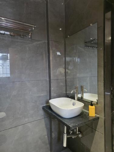 a bathroom with a sink and a mirror at Hotel Nandanwan Resto and Bar in Mālsiras