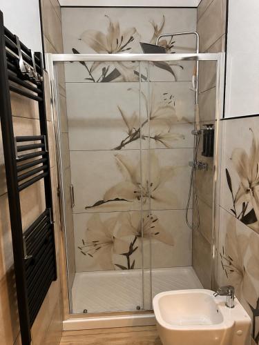 a bathroom with a shower with a toilet and a sink at Civico 44 in Castelmezzano