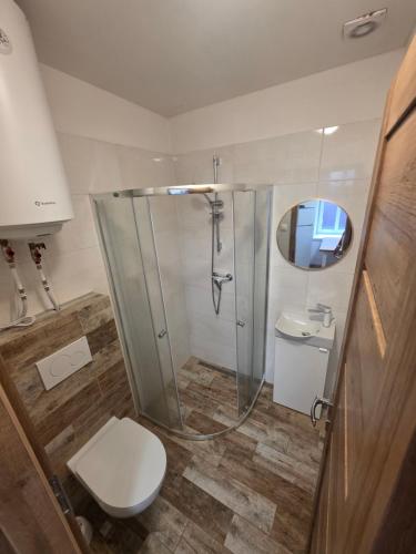 a bathroom with a shower and a toilet and a sink at Apartmán Gabriel in Kežmarok