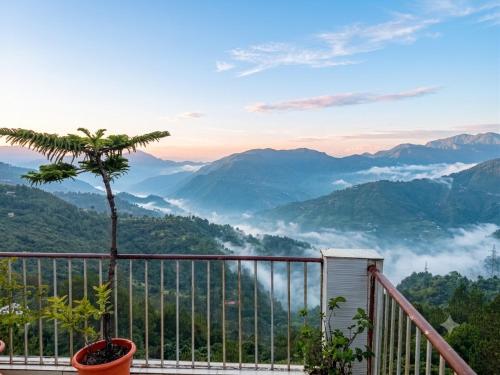 a tree on a balcony with a view of mountains at Hotel Blue Hill in Chamba