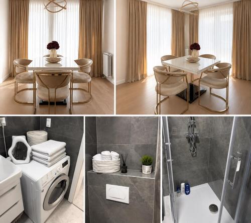 a bathroom with a table and a washing machine at Lux Apartman Garden in Paša Bunar