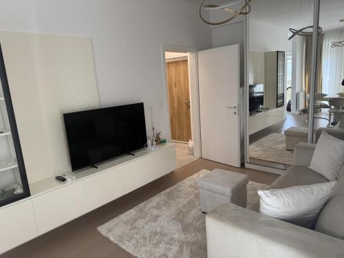 a living room with a flat screen tv on a entertainment center at Lux Apartman Garden in Paša Bunar