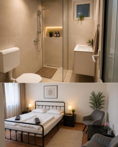 a bedroom with a bed and a shower and a bathroom at Cabana Lir in Arad