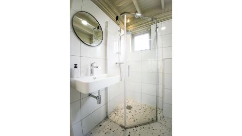 a bathroom with a sink and a mirror at Kamille | 4 persons in Gasselte