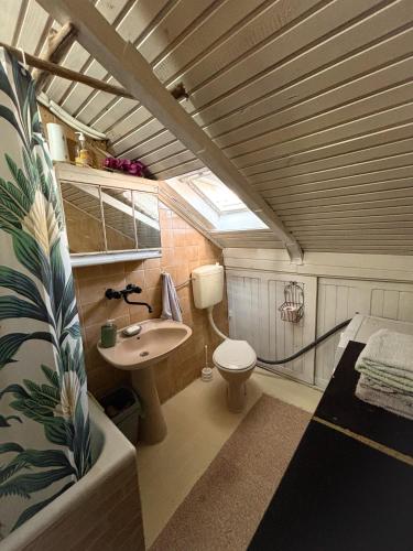 a small bathroom with a toilet and a sink at The Vibe Spot in Podgorica