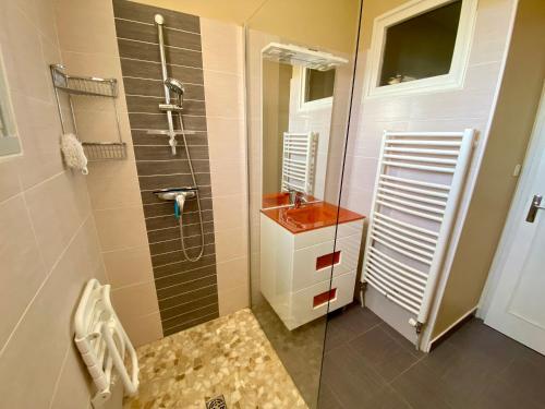 a bathroom with a glass shower with a sink and a toilet at La Rousselie in Montagrier