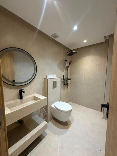 a bathroom with a toilet and a sink and a mirror at Igar Azougagh Immeuble DII in Al Hoceïma