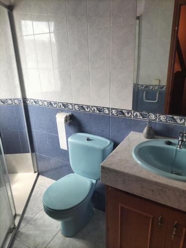 a bathroom with a blue toilet and a sink at Cal Rafalet in Ger