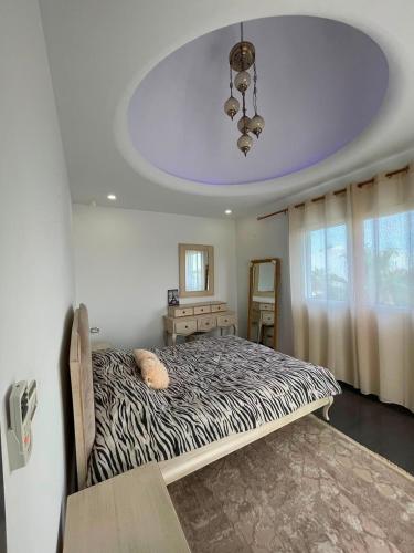 a bedroom with a zebra print bed and a purple ceiling at Dar ZYED in Houmt Souk